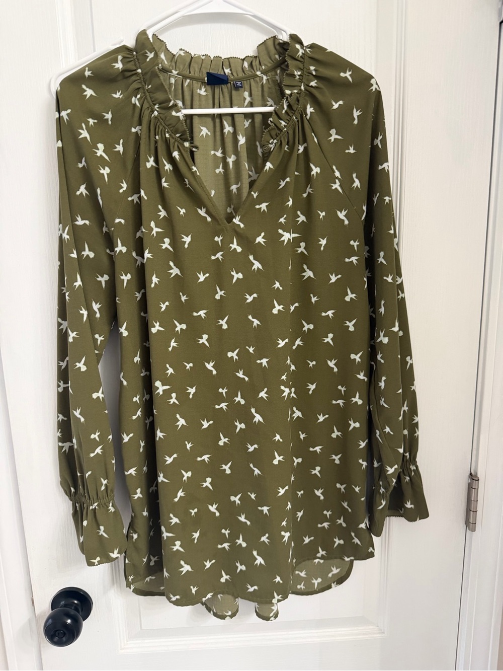 Kaari Blue Olive Green Bird-Print Ruffle-Neck Blouse